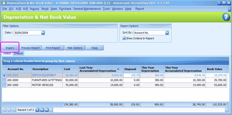 Depreciation And Net Book Value Report